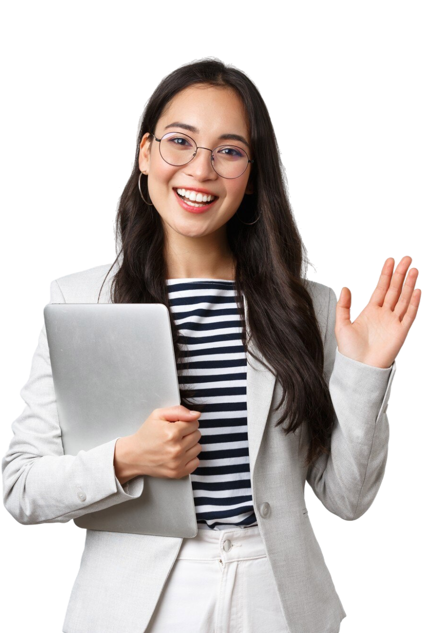 business-finance-employment-female-successful-entrepreneurs-concept-friendly-smiling-office-manager-greeting-new-coworker-businesswoman-welcome-clients-with-hand-wave-hold-laptop